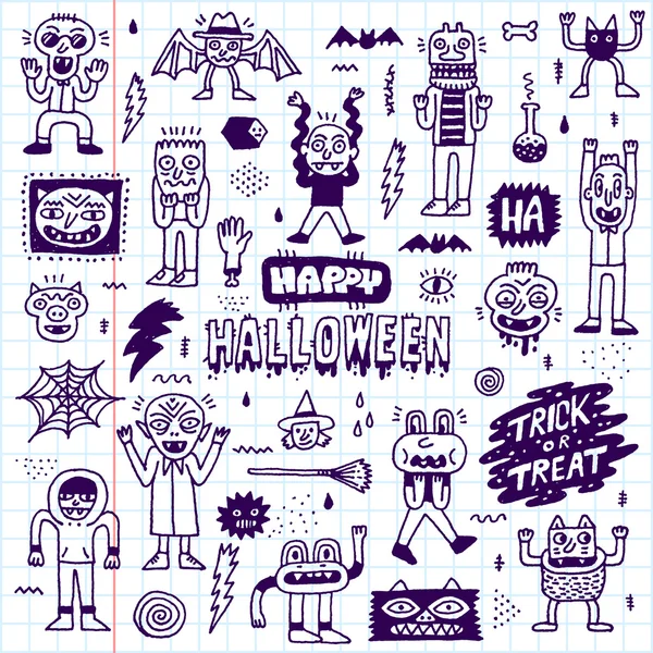 Fröhliches Halloween Doodle Schriftzug-Set — Stockvektor