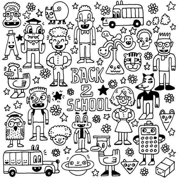 Personnages scolaires jeu de doodle farfelu — Image vectorielle