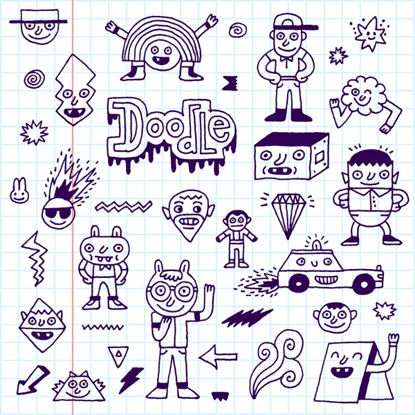 Personajes divertidos en el cuaderno de la escuela — Vector de stock