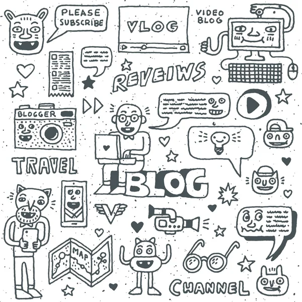 Blogging doodle fantasía loco conjunto Ilustración de stock