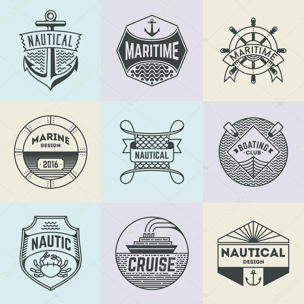 Assorted Nautical Insignias Logotypes Template Set. Line Art Vector Elements