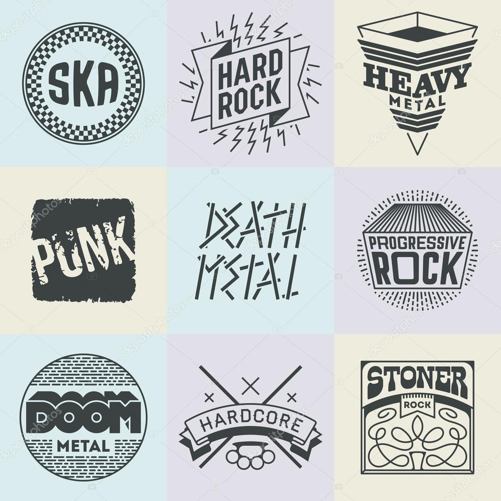 Assorted Rock Music Styles Genres Logotypes Set. Line Art Vector Elements