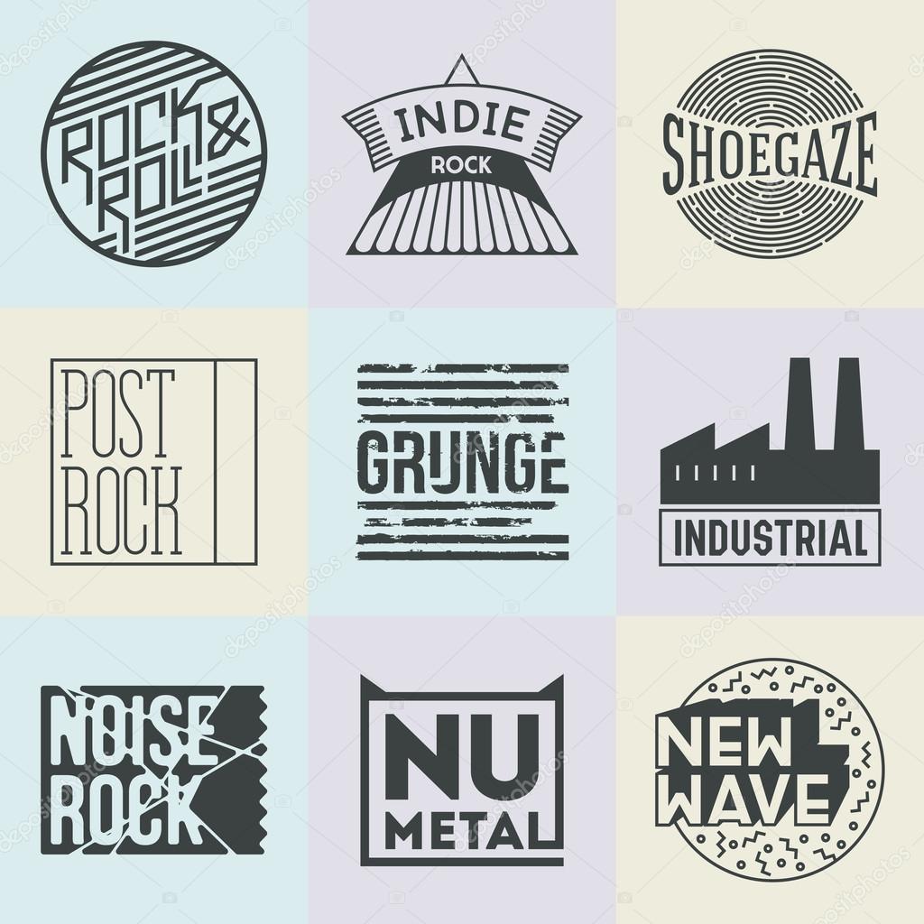 Assorted Rock Music Styles Genres Logotypes Set. Line Art Vector Elements