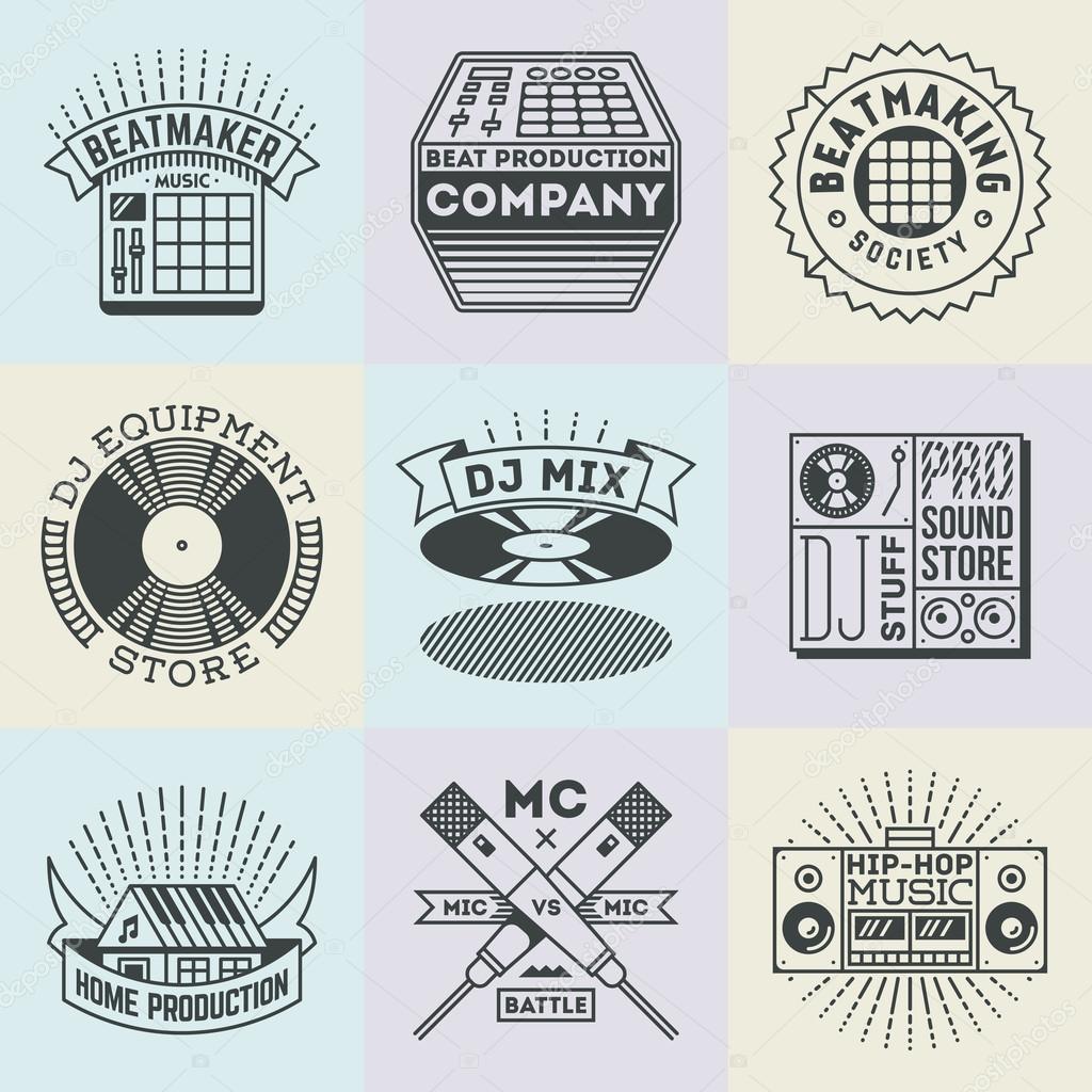 Assorted Hip-Hop Music Insignias Logotypes Template Set. Line Art Vector Elements