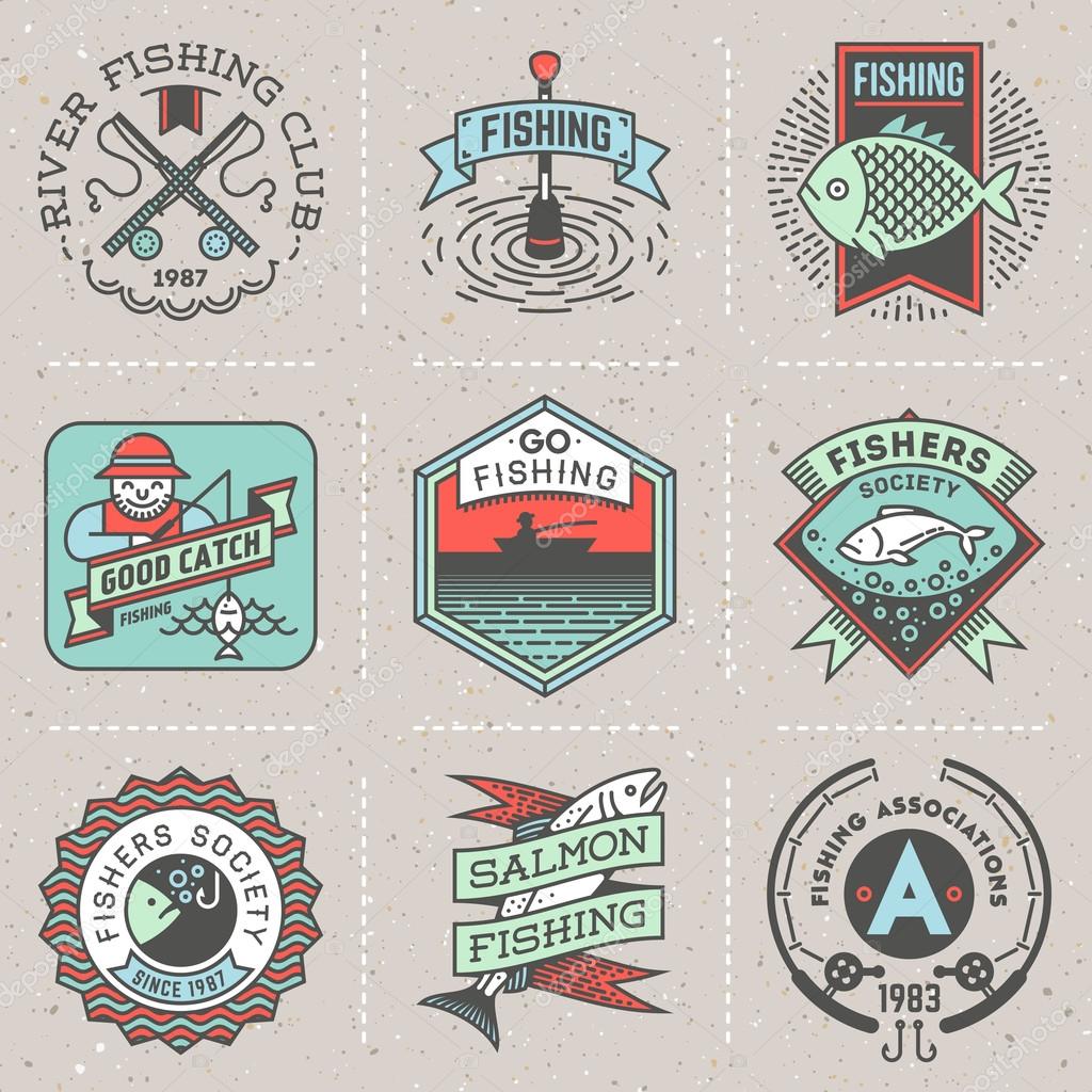 Fishing Assorted Retro Design Insignias Color Logotypes Set . Vector Elements Illustrations