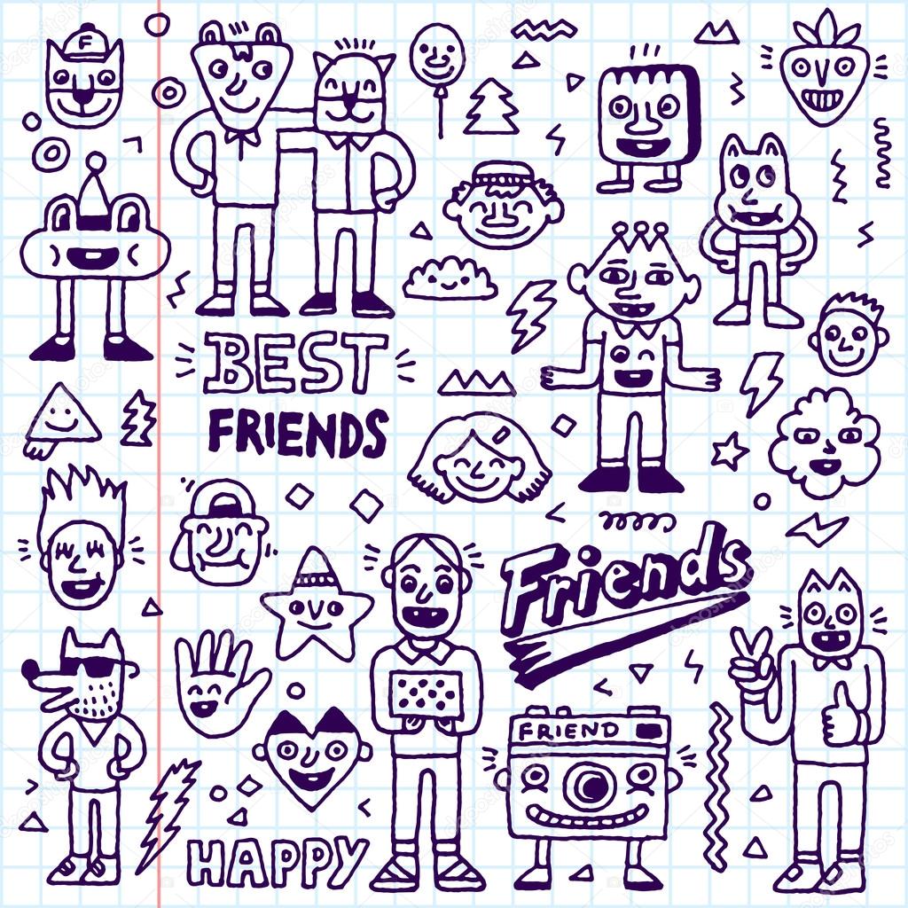 Journée de l amitié heureux Meilleurs amis Funny Cartoon Doodle Set Vector main Illustration dessinée Pattern Cahier d école — Vecteur par Sashatigar