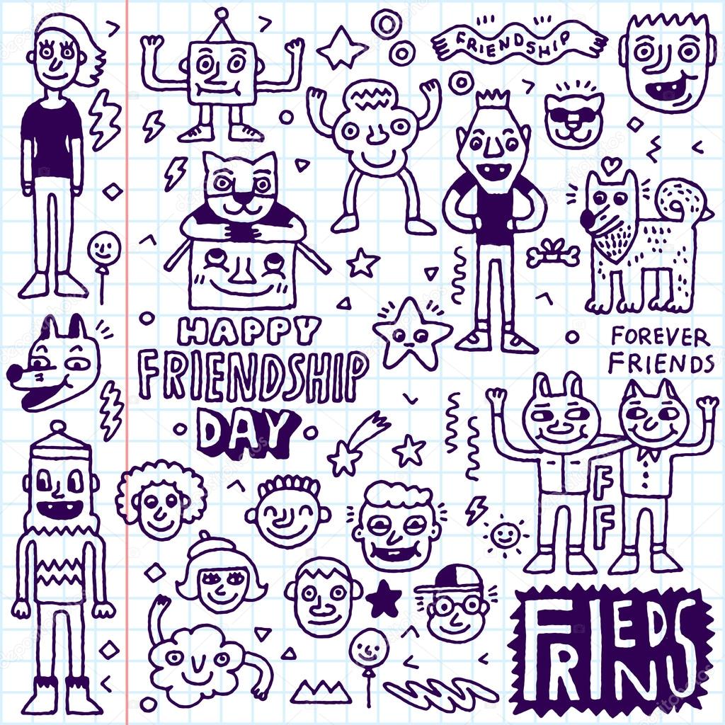 Journée de l amitié heureux Amis dr´les de dessin animé série Doodle Vector main couleur dessinée Illustration Pattern — Vecteur par Sashatigar