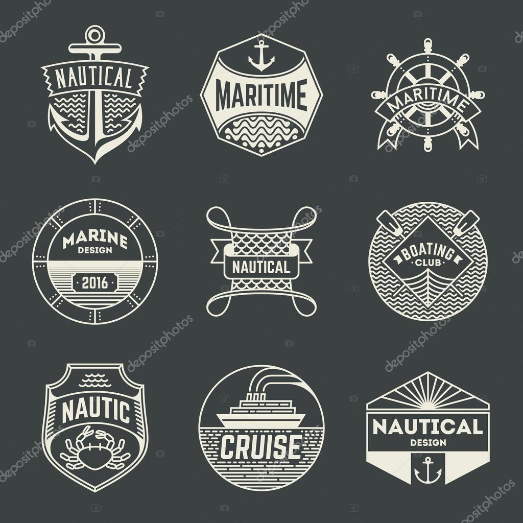 Nautical Insignias Logotypes Template Set. Line Art Vector Elements