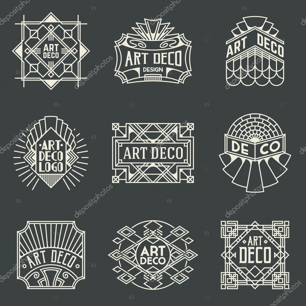 Art Deco Insignias Retro Design Logotypes Template Set. Line Art Vector Vintage Style Elements. Elegant Geometric Shiny Frames
