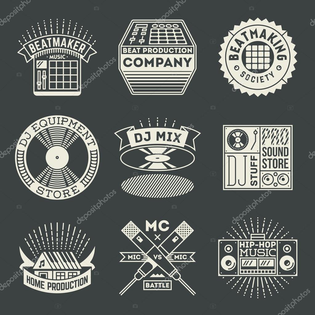Hip-Hop Music Insignias Logotypes Template Set. Line Art Vector Elements