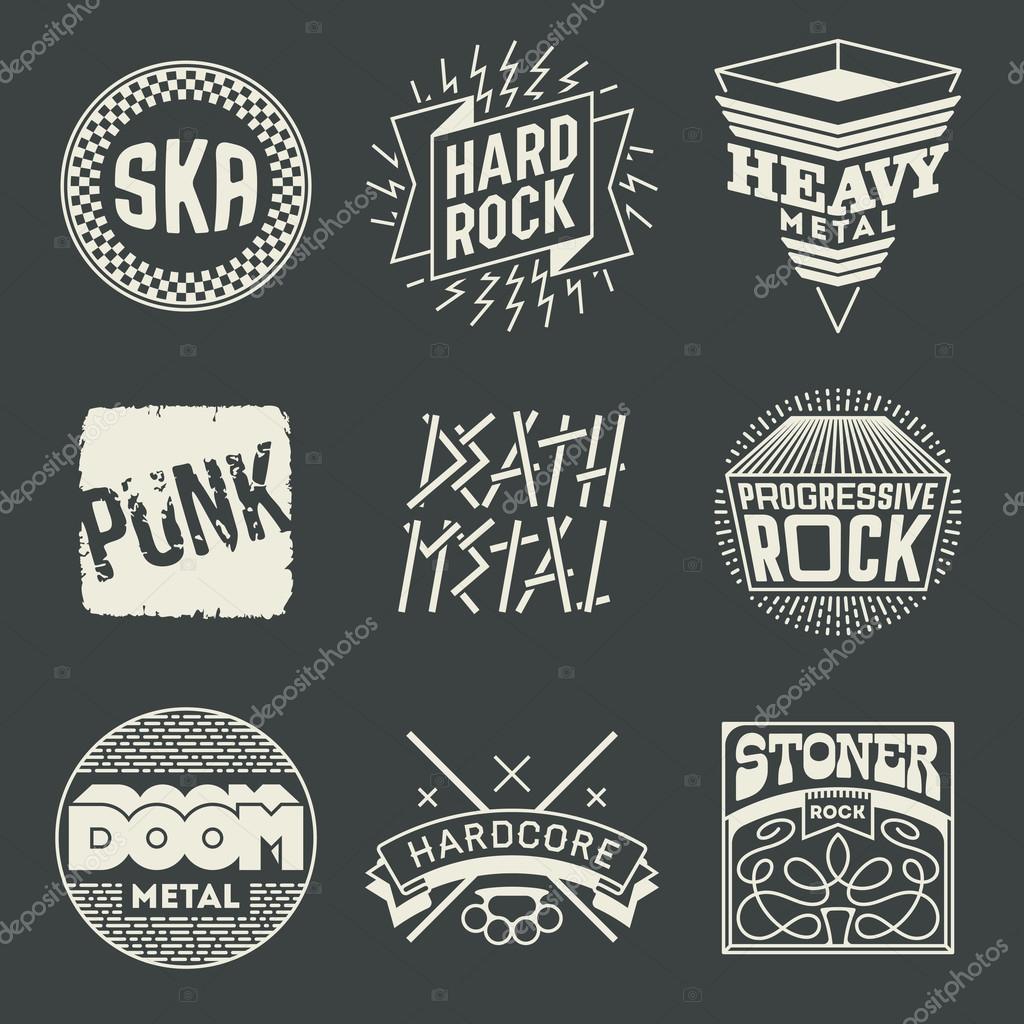 Rock Music Styles Genres Logotypes Set. Line Art Vector Elements