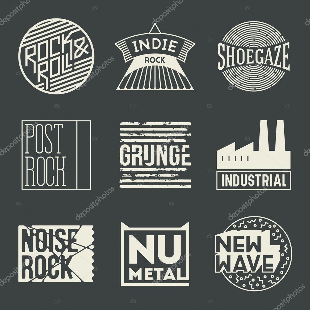 Rock Music Styles Genres Logotypes Set . Line Art Vector Elements.