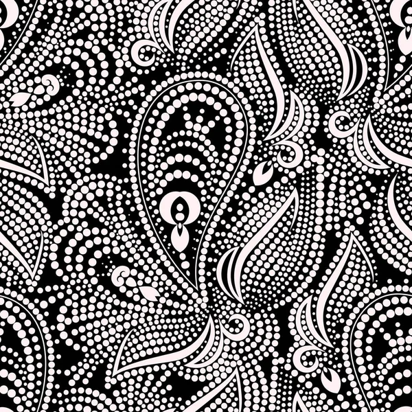 Nahtloses Schwarz Weiß Gepunktetes Muster Mit Paisley Traditionelle Ethnische Zierde — Stockvektor