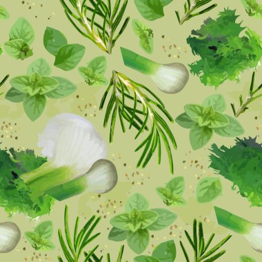 Yeşilliklerle kusursuz desen - roka, rezene, kekik otu, biberiye. Yeşil arka planda farklı otlar. Vektör baskısı.