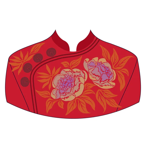 Neckline asian design. Traditional chinese dress womens - qipao with peonies. Vector clipart. — Stock Vector