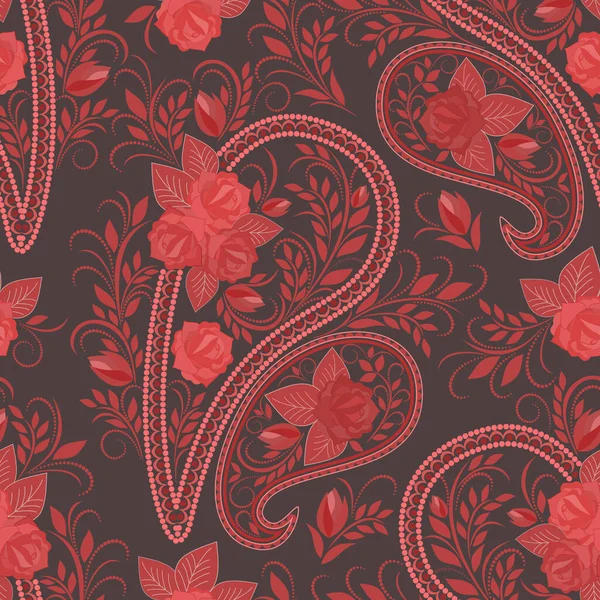 Безшовний Традиційний Візерунок Пейслі Трояндами Червоний Бордовий Яскравий Етнічний Орнамент — стоковий вектор