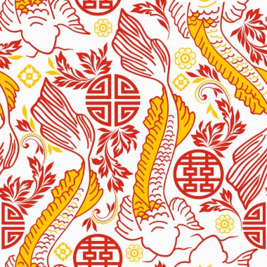 Çince karakterli kusursuz Asyalı balık deseni. Kırmızı ve altın doğal süs. Vektör izi. Duvar kağıdı, şablon dolguları, tekstil tasarımı için kullan.