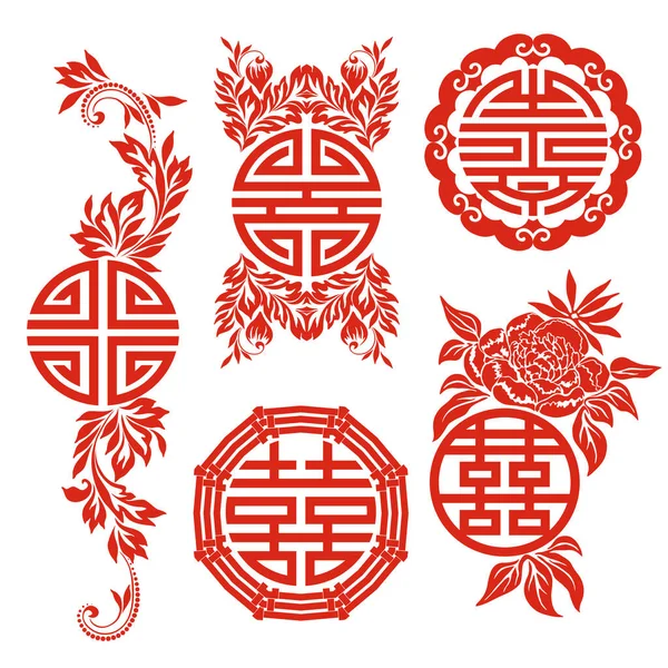 Feng Shui sembolleri. Daire şeklinde desenler. Kırmızı şablon - Çin tarzı. Etnik süs ve doğu unsurları. Tasarım için moda baskı. Vektör seti.