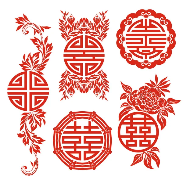 Símbolos de Feng Shui - modelos em um círculo. Modelo vermelho - estilo chinês. Ornamento étnico e elementos orientais. Impressão na moda para design. Conjunto de vetores. Ilustrações De Stock Royalty-Free