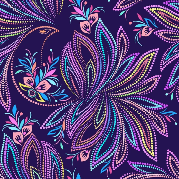 Magnifique motif pointillé coloré sans couture avec des oiseaux magiques. Ornement ethnique traditionnel. Tirage vectoriel. Utilisez pour le papier peint, les garnitures de motifs, la conception textile. — Image vectorielle