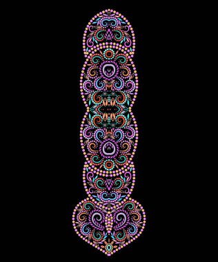 Yaka, noktalı etnik tasarım. Çiçeksel renkli geleneksel desen. Süslü eşyalar ve işlemeler için boncuklu vektör baskısı, kadın kıyafetleri için..