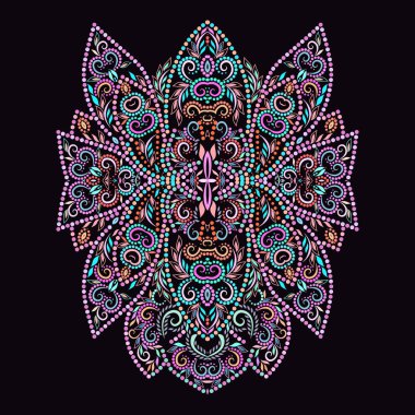 Yaka, noktalı etnik tasarım. Çiçeksel renkli geleneksel desen. Süslü eşyalar ve işlemeler için boncuklu vektör baskısı, kadın kıyafetleri için..