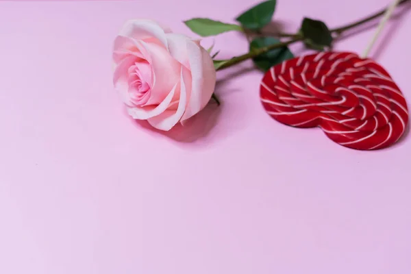 Pembe arka planda pembe bir gül, lolipop bir kalbin yanında.