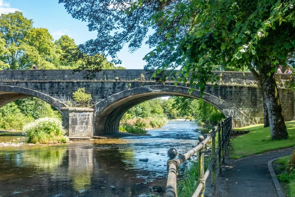 Severn Nehri 'nin üst kısımlarında Llanidloes parkında, Galler' in ortasında, taştan köprüyle birlikte.