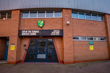 Norwich, Norfolk, İngiltere - 29 Aralık 2019. Norwich City Futbol Kulübü 'nün evi Carrow Yolu' nun dış kısmının resimli bir fotoğrafı.