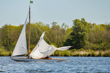 Wroxham, Norfolk, İngiltere - 12 Mayıs 2019. Wroxham Broad, Norfolk 'ta yelkenli yarışı galası. Erkek denizci, geniş çaplı bir yarıştan sonra kahverengi teknesinin ana yelkenini tek başına indirir..