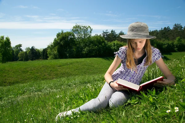 Preciosa chica joven leyendo un libro mientras está sentado en un hermoso campo de hierba —  Fotos de Stock