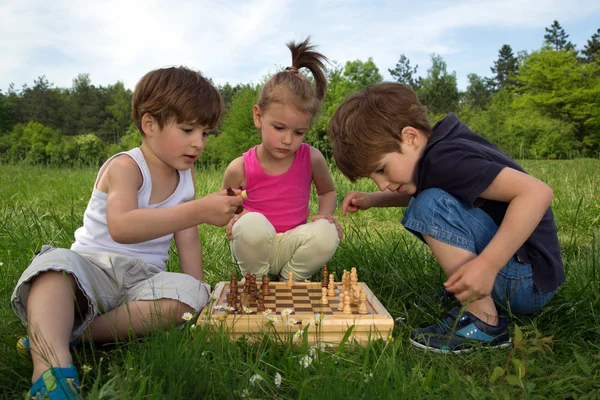 Twin Brothers jouant aux échecs dans le parc pendant que la petite fille mignonne regarde le jeu — Photo