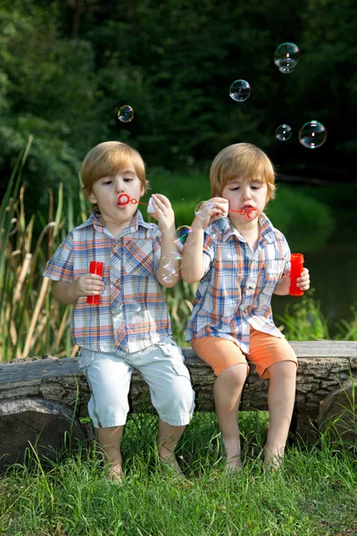 Petits frères jumeaux assis sur un banc en bois et soufflant des bulles de savon dans le parc d'été — Photo