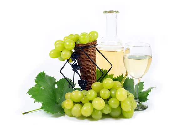 Fresh  White Grapes with Green Leaves,  Wine Glass Cup and Wine Bottle Filled with White Wine  Isolated on White — Stock Photo, Image