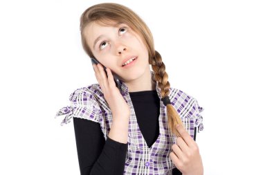 Girl Staring Bored Upwards While Listening Someone on the Cell Phone Isolated on White clipart
