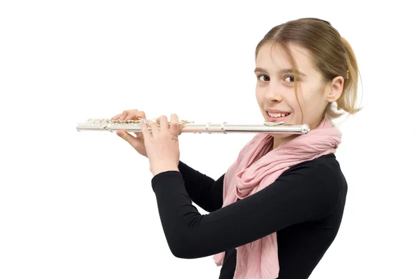 Menina bonita segurando flauta e sorrindo para a câmera isolada no branco — Fotografia de Stock