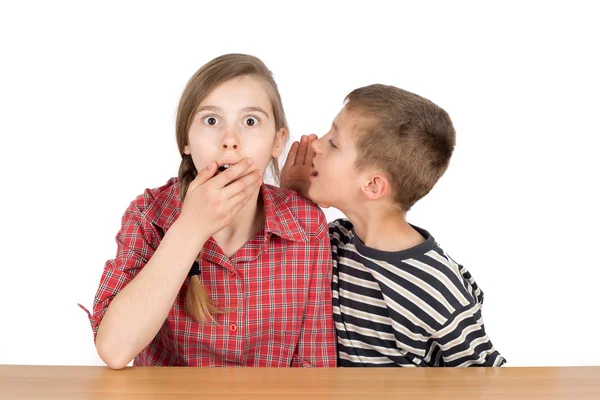 Boy Whispering Something to His Astonished Sister With Eyes Wide Opened Isolated — Stock fotografie