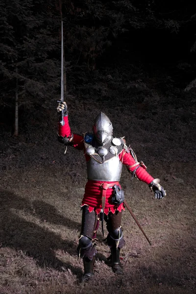 Caballero con espada en mano levantada en el bosque por la noche — Foto de Stock