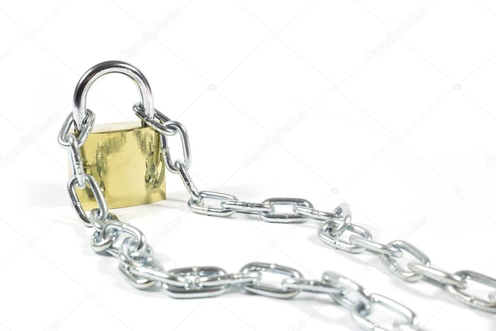 Golden Padlock And Metal Chain Isolated On White Background, Closeup