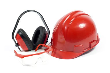 Kırmızı çerçeve ve üzerinde beyaz izole etkilidirler ile koruyucu iş giysisi - kırmızı kask, şeffaf gözlük