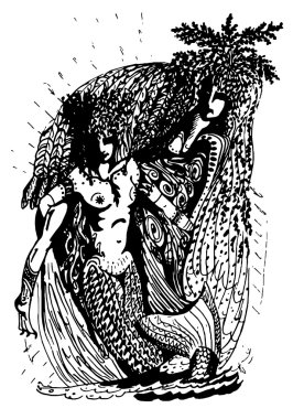 Siyah-beyaz grafik, iki deniz kızları