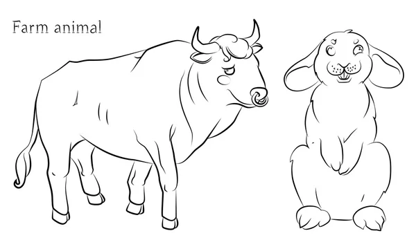 Schwarz-Weiß-Bild von Stier und Kaninchen — Stockvektor