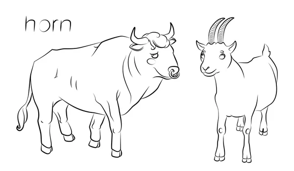 Imagem em preto e branco de um touro e cabra — Vetor de Stock