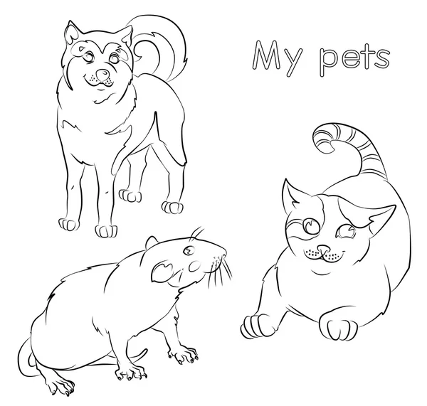 Schwarz-Weiß-Bild einer Katze, Ratte und eines Hundes — Stockvektor