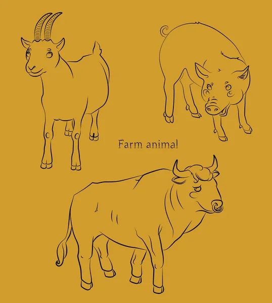 Черно-белый образ быка, свиньи и козы — стоковый вектор
