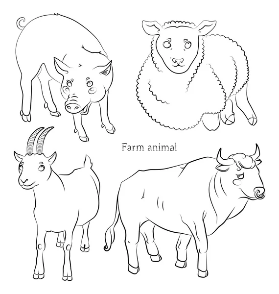 Schwarz-Weiß-Bild von Stier, Schwein, Schaf und Ziege — Stockvektor