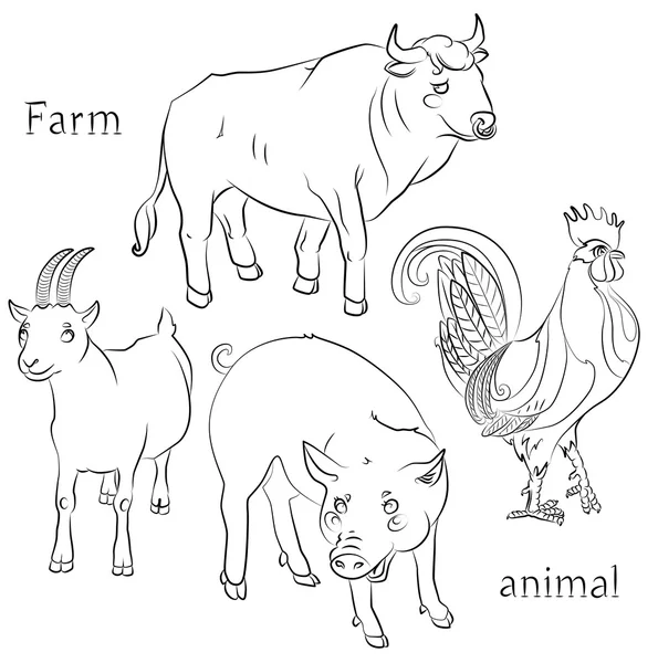 黑色和白色的图像的公牛，鸡、 猪和山羊 — 图库矢量图片