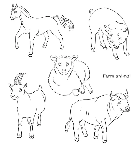 Schwarz-Weiß-Bild eines Bullen, Schafs, Pferdes, Schweins und Ziege — Stockvektor