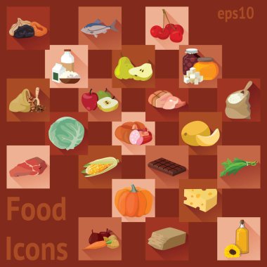 Yiyecekler. Meyve, sebze, yağ, et, tahıl, süt ürünleri. Kolaylık olsun diye, her önemli element ayrı bir katmanda. Eps 10