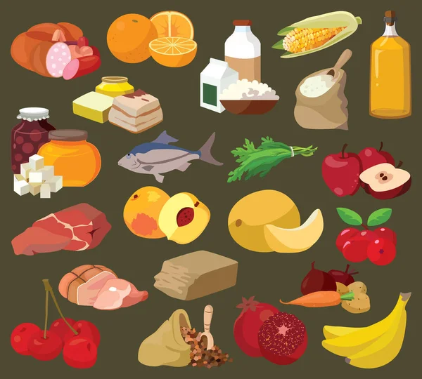Comida Frutas Legumes Gorduras Carne Cereais Produtos Lácteos Para Sua —  Vetores de Stock